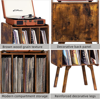 LELELINKY Small Record Player Stand, 4 Cabinet Vinyl Storage Table, Brown | Width 11.7 In, Up to 80 Albums, Vinyl Holder with Wood Legs, Turntable Stand Display Shelf for Bedroom and Living Room