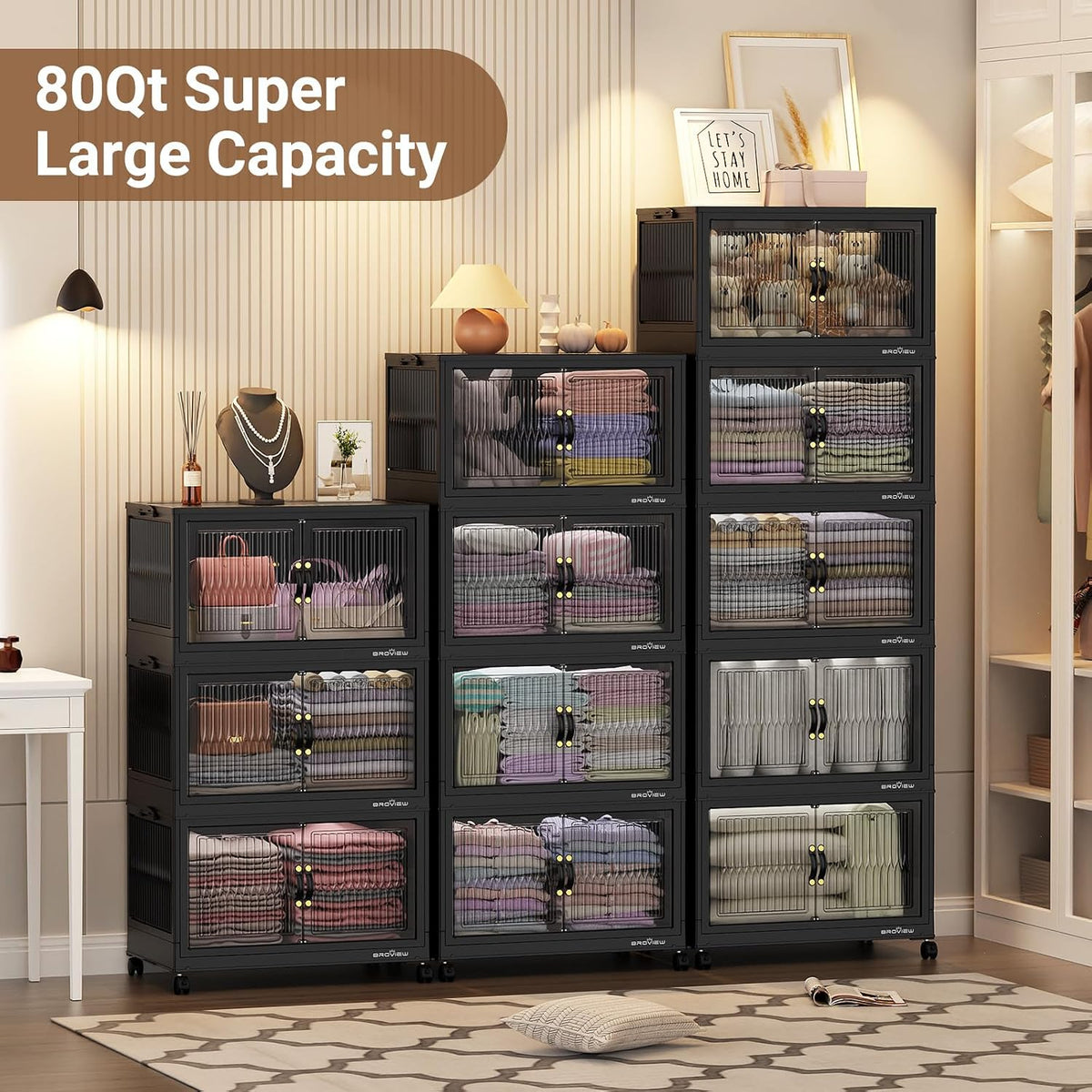 BROVIEW 320Qt Stackable Storage Bins with Lid, Extra Large Closet Organizer Collapsible Drawer Boxes with Wheels, Folding Plastic Cabinet Containers for Home Kitchen Room Organization, 4Pack Black