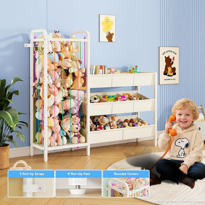 B6 Toy Storage Organizer with Stuffed Animal Storage, White | 3-Tier Wooden Shelves and 8 Bins, Toy Shelf Organizer, Kids Bookshelf and Toy Storage for Kids Room Bedroom Playroom Nursery