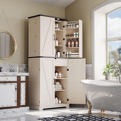 HOMPUS 71" Tall Kitchen Pantry Cabinet with Doors and Drawer, Farmhouse Storage Cabinet with Adjustable Shelves, Freestanding Wood Cupboard for Kitchen, Dining Room, Living Room, Bathroom, Off-White