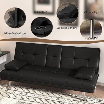 67"Modern Futon Sofa Bed,Convertible 3 in 1 Sleeper Bed Couches with Adjustable Backrest,Cup Holders,Comfy PU Leather Recliner Sofa Loveseat with Chrome Legs for Small Home Living Room (Black)