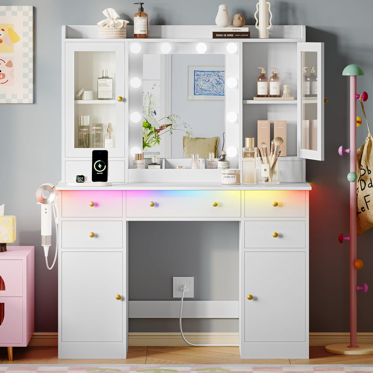 Xixini 44" Vanity Desk with Mirror & Lights, Glass Storage Cabinets, White | Makeup Table Set with Charging Station, RGB Light Strip, 7 Drawers & Open Shelf, 3 Light Modes & Dimmable for Women & Girls