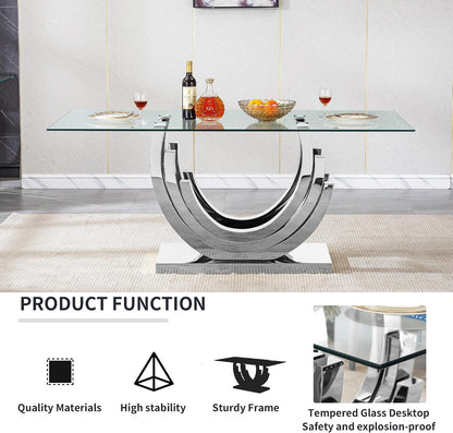 7 Piece Dining Table Set with 6 Beige Dining Chairs, Modern Glass Kitchen Table and Chairs Set for 6, 70" Rectangle Silver Glass Pedestal Dining Room Tables with Ring-Shape Stainless Steel Base