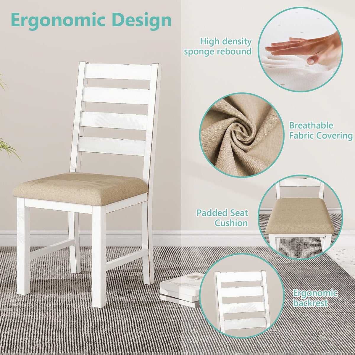 ROCSUMOO Farmhouse Dining Table Set with 4 Chairs and 1 Bench, 59" White Kitchen Table Set, Rectangular Dinner Room Table & Chairs Set Wood (4 Chairs & 1 Bench)