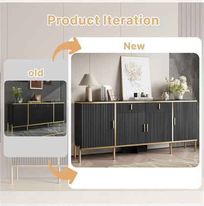 oneinmil 60” Modern Sideboard Buffet Cabinet, Fluted Storage Sideboard with Adjustable Shelves & Pop-Up Doors, Multifunctional Accent Cabinet for Kitchen, Living Room, Hallway, Black and Gold