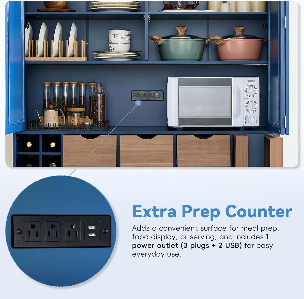 Farmhouse 71''H Large Kitchen Pantry,Deepen Dining Storage Cupboard with 4 Foldable Doors,Power Outlet, Shelves, Wine Racks and Serving Trays (Blue/FD)