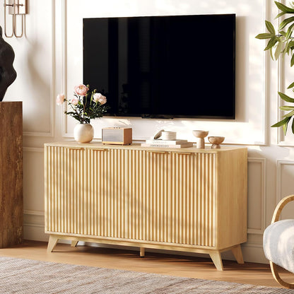 VINGLI 55" Buffet Cabinet with Storage, Fluted 4 Doors Sideboard Cabinet with Adjustable Shelves, Modern Storage Cabinet with Doors for Kitchen, Dining Room & Living Room, Natural Oak