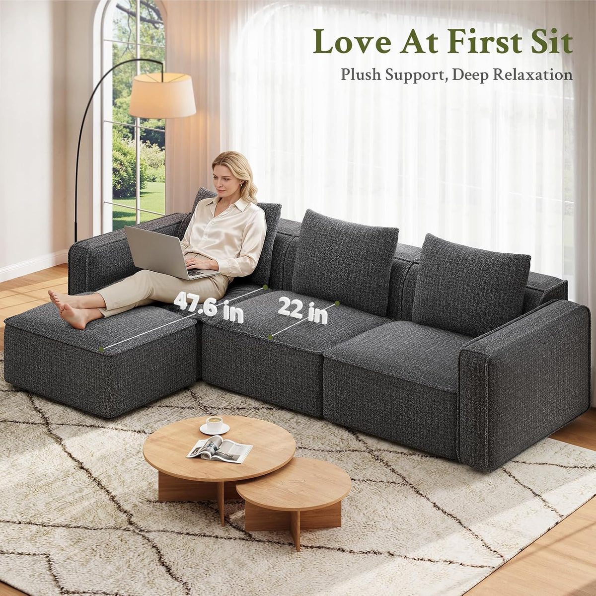 Welzona 103" Modular Sectional Sofa, Sectional Couch, Sofas for Living Room | Comfy Cloud Couch, Tool-Free Setup Couches for Living Room, Wood Frame L Shaped Couch with Ottoman, 22" Deep Seat, Grey Sofa