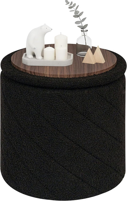 PINPLUS Ottoman with Stroage Round Boucle Ottoman and Tray Sherpa Removable Foot Stool Coffee Table for Dorm, Living Room Black, 13"x13"x13.7"