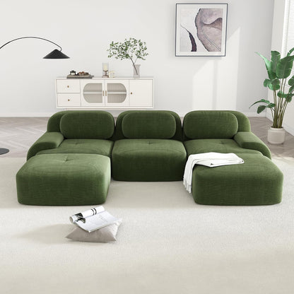 Modular Sectional Sofa Couch, U Shaped Sectional Couches for Living Room, Oversized Cloud Couch with Deep Seat and Ottoman, Comfy Corduroy Upholstery Green Couches, No Assembly(3S+2O)