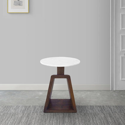 Port Blair Side End Table, 16.5 Inch Height, Round White Genuine Marble Top, Handcrafted Mango Wood Base, Modern Accent Table for Living Room, Bedroom, Entryway and Home Decor Display