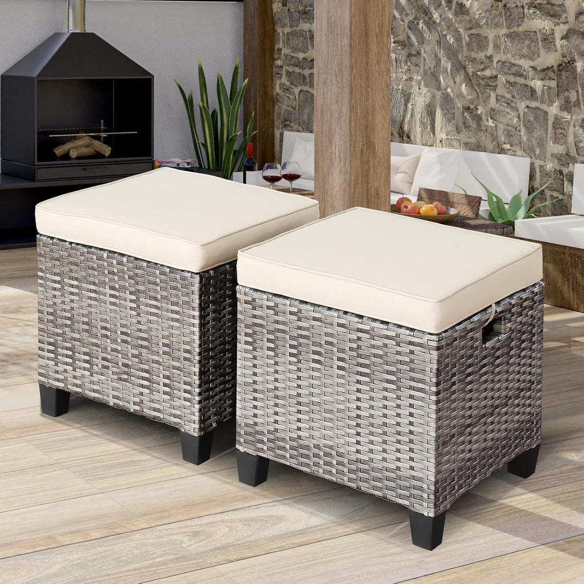 ORALNER Set of 2 Outdoor Ottoman, 16” Wicker Foot Stools, All-Weather Rattan Cube Footstool w/Removable Cushions, Square Footrest Extra Seating for Patio, Porch, Deck, Easy Assembly (Beige)