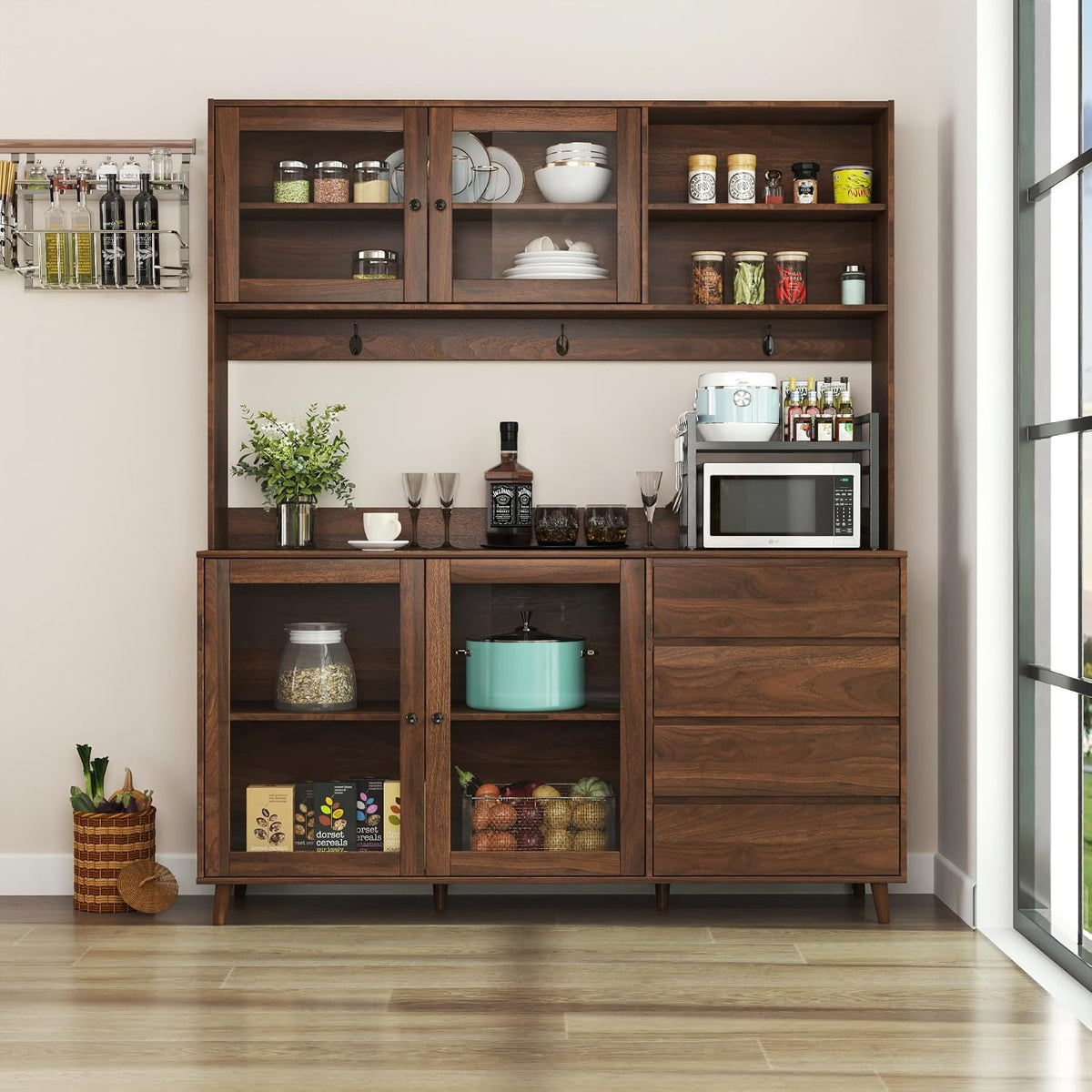 Spacious 63" Kitchen Pantry Cabinet, Freestanding Hutch with 4 Doors & 4 Drawers, Large Storage Cupboard with Microwave Shelf for Kitchen and Dining Room (Walnut)