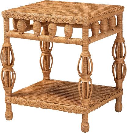 Bali & pari Dolby Natural Rattan End Table - Handwoven Wicker Side Table with Lower Shelf, Coastal Boho Style Accent Table for Living Room or Bedroom