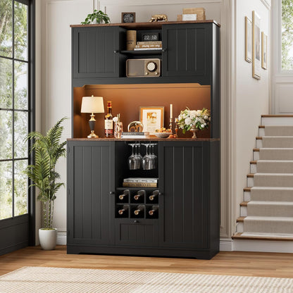 FINETONES 71" Kitchen Pantry Cabinet with LED Light and Charging Station | 71" Pantry Cabinet with Microwave Stand, Kitchen Hutch Food Storage Cabinet with Outlet and Wine Racks, Black