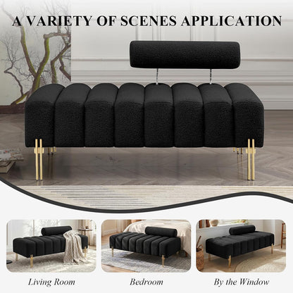 53.2" Width Ottoman Bench, Teddy Upholstered Accent Sofa with Metal Legs, Comfy Love Seat Couches with Adjustable Backrest, End of Bed Bench for Bedroom, Entryway (Black)