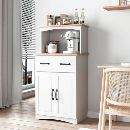 Microwave Stand with Storage, Kitchen Pantry Storage Cabinet with Drawer and Adjustable Shelf, Microwave Cabinet with Open Space for Kitchen, Dining Room, White