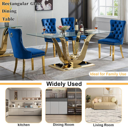 70" Modern Glass Dining Table for 6-8, Luxury Gold Glass Dining Room Table with Mirrored Floral-Shape Stainless Steel Base, Rectangle Kitchen Dinner Tables for Dining Room Kitchen