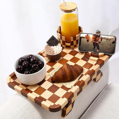 Nnewvante Checkerboard Couch Armrest Table, 3 in 1 Clip-on Table Rubberwood