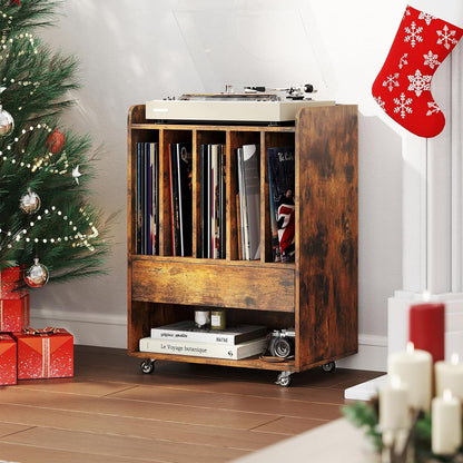 Giantex Record Player Stand, Rolling Turntable Stand with Drawer & Lockable Wheels, Record Player Table Holds Up to 150 Albums, Vinyl Record Storage for Living Room Bedroom, Rustic Brown