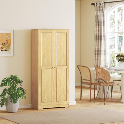 HOMCOM 67" Pinewood Kitchen Pantry Storage Cabinet, Freestanding Cabinets with Adjustable Shelves, Solid Wood Food Pantry with Soft-Close Doors for Living Room Dining Room, Light Brown