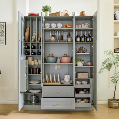Large Kitchen Pantry Cabinet with 6 Doors and Drawers, Storage Cabinet Cupboard with Adjustable Shelves, Pull-Out Trays and Wine Rack for Dining Room, Kitchen (Green)