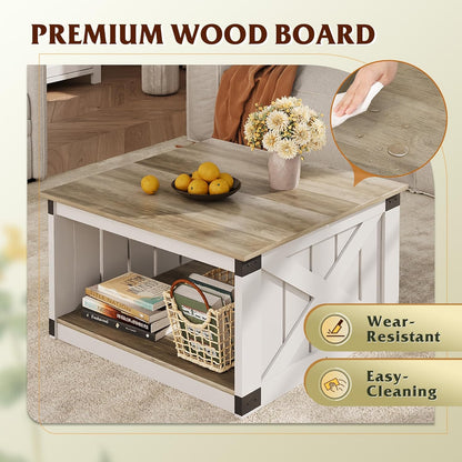 WLIVE Coffee Table, Farmhouse Coffee Table with Open Storage, 31.5" Wood Square Living Room Tables, Rustic Dining Cocktail Center Table for Living Room, Grey & White
