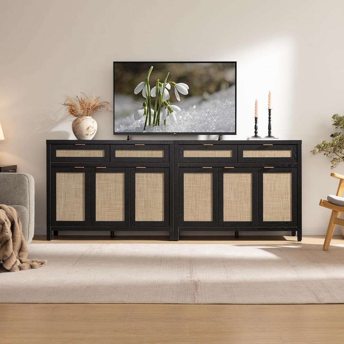 SICOTAS Rattan Sideboard Buffet Cabinet with Storage, Boho Credenza Accent Cabinet with 3 Doors and 2 Drawers, Farmhouse Console Coffee Bar for Kitchen, Living Room, and Entryway, Black Oak