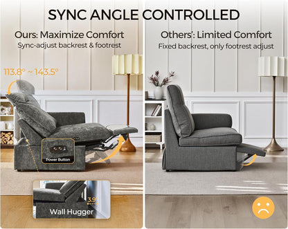 Oversized Modular Power Recliner Sofa Wall Hugger, Cloud Reclining Couch with Headrest, Storage Ottoman, Drawer Charging Cup Holder, Deep L-Shaped 6 Seater with Dual Electric Recliner, Chenille, Grey