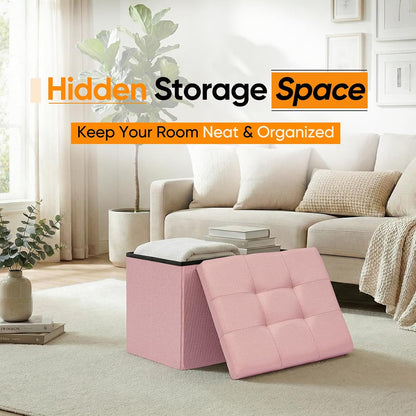 Folding Storage Ottoman, 16.5" Rectangular Footstool with Padded Tufted Lid, Collapsible Storage Footrest for Small Space, Living Room, Bedroom, Dorm, Pink