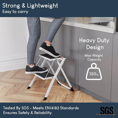 Home Vida 2 Step Ladder Compact, Heavy Duty Steel, Portable Folding, Anti-Slip Mat, Home, Kitchen, DIY, Gardening Step Ladder, 150kg Max Capacity