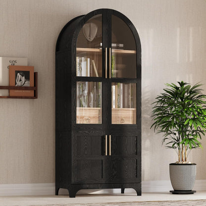 Hassyee Arched Kitchen Pantry Cabinet with Door Shelves, Farmhouse Kitchen Storage Cabinet with Open & Adjustable Shelves, Hidden Drawer & Glass Door, Cupboard for Kitchen, Dining Room (Black)