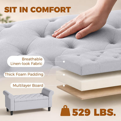 HOMCOM 47" Storage Ottoman Bench, Tufted Long Ottoman with Storage Chest, Rolled Arms, Safety Hinge, Wooden Legs, Upholstered End of Bed Bench, 528 lbs for Bedroom, Entryway, Living Room, Light Gray