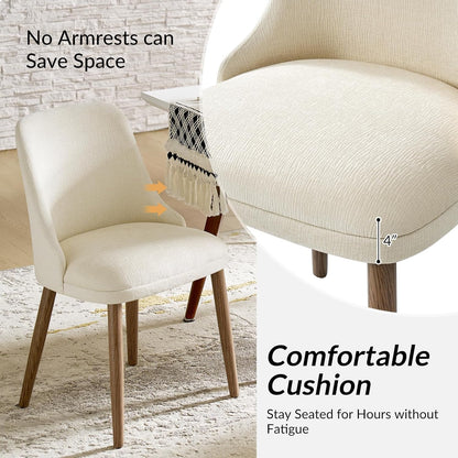 HULALA HOME Dining Chairs Set of 2, Ivory Fabric Upholstered Dining Room Chairs Set with Solid Wood Legs, Paded Back, Modern Kitchen Accent Chairs for Living Room Bedroom Reception