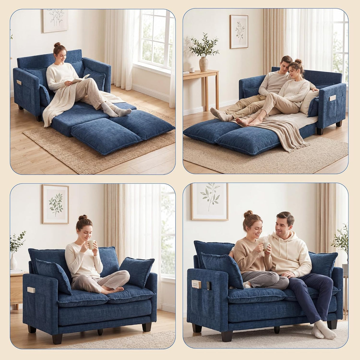 49" Loveseat Sofa Bed, 2 in 1 Convertible Small Sofa Pull Out Couch Bed Chenille Deep 2 Seat Sleeper Twin XL Futon Mattress for Small Spaces Living Room Bedroom Apartment Office, Blue