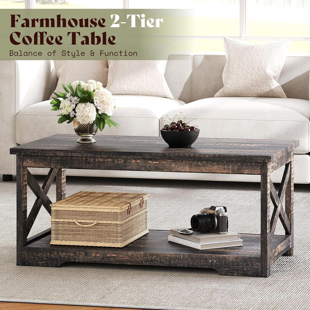 AMERLIFE 3 Piece Farmhouse Living Room Coffee Table Set, Dark Oak | Coffee Table & 2 End Tables with Charging Station and USB Ports, Farmhouse Style, Barn Door Design, Living Room Furniture