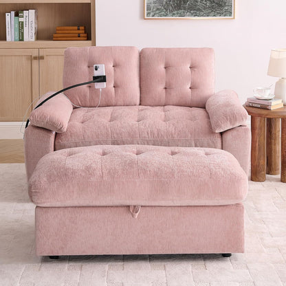 Chaise Lounge Chair Indoor with Storage Ottoman, Comfy Chenille Tufted Loveseat Sofa Chair with USB & Phone Holder, Upholstered Adjustable Backrest Lounge Sofa Chair for Living Room, Bedroom, Pink