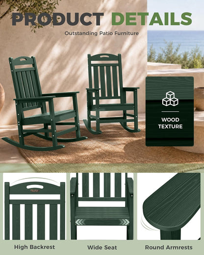 Oversized Outdoor Rocking Chair, High Back Porch Rocker Chair, HDPE All Weather Resistant Rocking Chairs for Patio, 380lbs Weight Capacity, Green