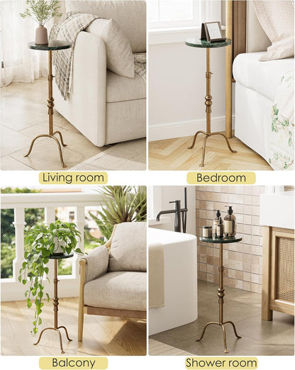 Adjustable Height Round Pedestal Table - 22-30 Inch, Modern Martini Cocktail End Table with Natural Travertine Top & Antique Brass Base for Small Spaces Living Room, Bedroom (Green Marble)