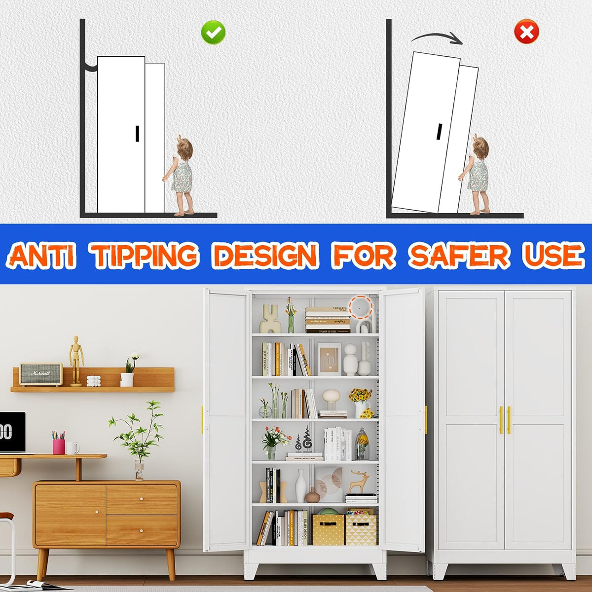 GAIOUS 75.2" Tall Metal Storage Cabinet with 2 Doors & 5 Adjustable Shelves | New upgrade Kitchen Pantry Cabinet, White Freestanding Cupboard, 6 Tier Steel Storage for Office, Kitchen, Dining, Garage