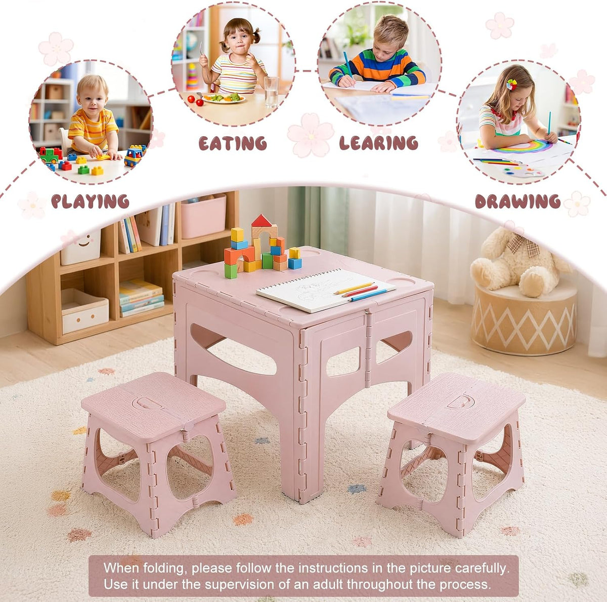 Toddler Table and Chair Set, Kids Foldable Furniture for Playroom, Portable Picnic Dining Station, Homeschool Learning Center, Lightweight Camping Gear, Preschool Study Desk [Object Object]