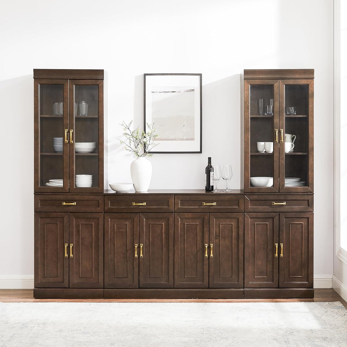 Crosley Furniture Stanton 3-Piece Sideboard Buffet Cabinet and Glass Door Kitchen Storage Pantry Set, Coffee