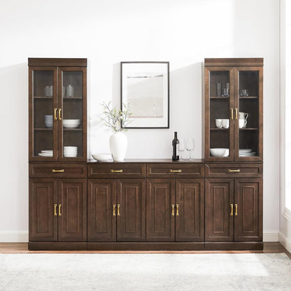 Crosley Furniture Stanton 3-Piece Sideboard Buffet Cabinet and Glass Door Kitchen Storage Pantry Set, Coffee