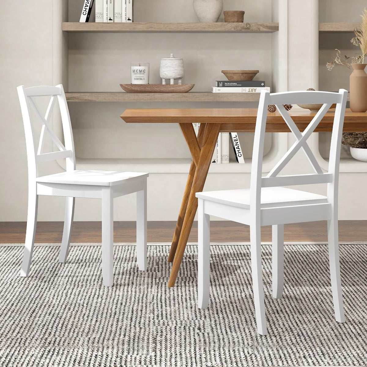 GOFLAME Dining Chairs Set of 4, Kitchen Chairs with Rubber Wood Legs & Cross Back, Farmhouse Armless Dinette Chairs for Dining Room, Living Room, Restaurant, 400 LBS Load Capacity, White