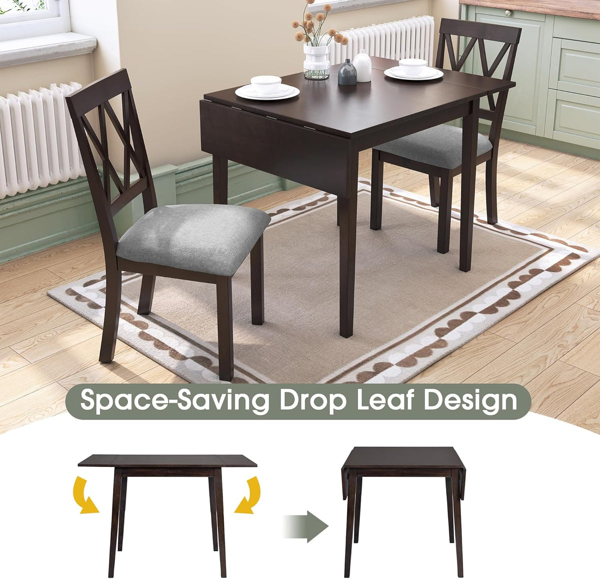 Merax Farmhouse Wooden Dining Set of 3, 45.6 inch Extendable Kitchen Table with Drop Leaf, 2 Chairs with Backrest for Small Space, Easy Assemble Espresso