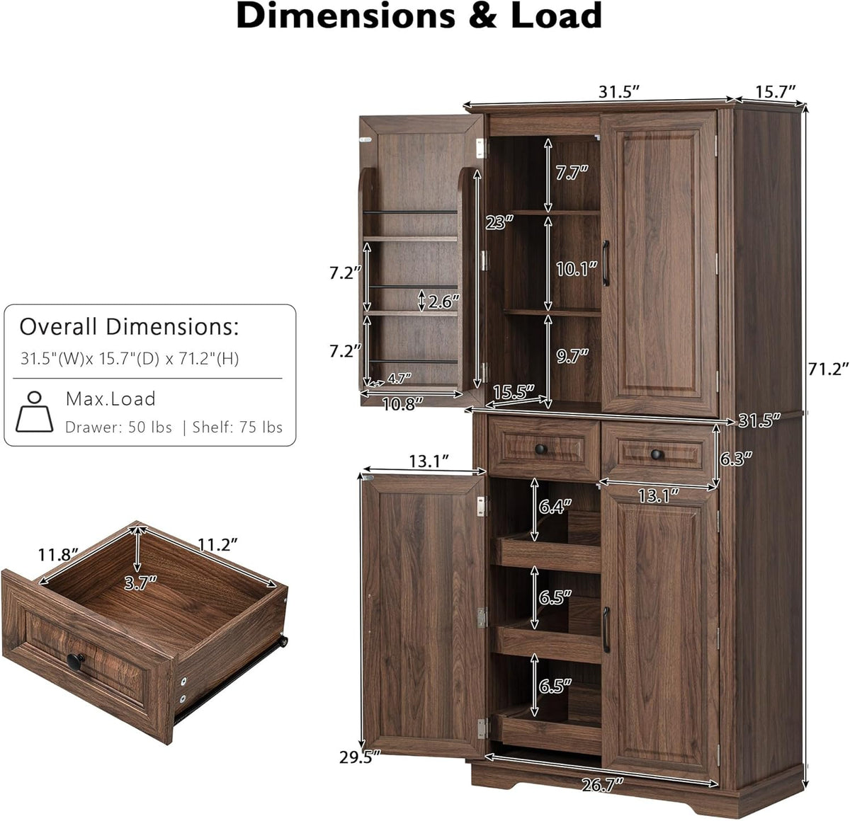 71" Tall Mid-Century Modern Kitchen Pantry with 3 Pull-Out Cabinets & 2 Drawers, Farmhouse Storage Cabinet with 6 Door Shelves & 2 Adjustable Shelves, Freestanding Cupboard for Dining Room ,Brown
