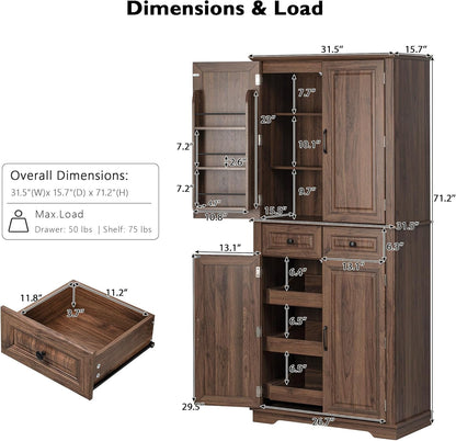 71" Tall Mid-Century Modern Kitchen Pantry with 3 Pull-Out Cabinets & 2 Drawers, Farmhouse Storage Cabinet with 6 Door Shelves & 2 Adjustable Shelves, Freestanding Cupboard for Dining Room ,Brown