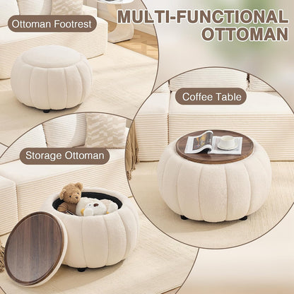 30 Inch Round Storage Ottoman Coffee Table for Living Room, Bedroom | Teddy Fabric , Anti-Slip Lid, ottoman foot rest, Pumpkin Shape