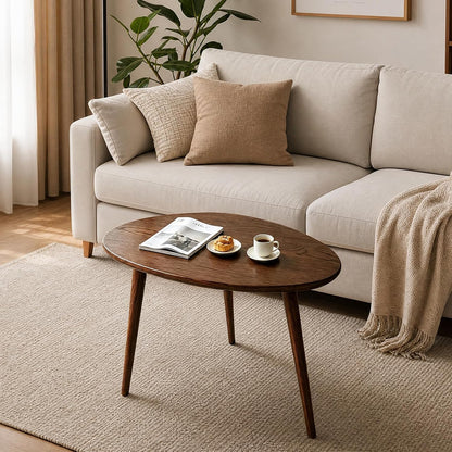 Walnut Oval Side Table, 17.5''D x 25.6''W x 19.7''H, Mid Century Modern Small Coffee Table with 3 Tapered Legs, Solid Oak Wood for Small Spaces, Living Room, Apartments, Easy Assembly