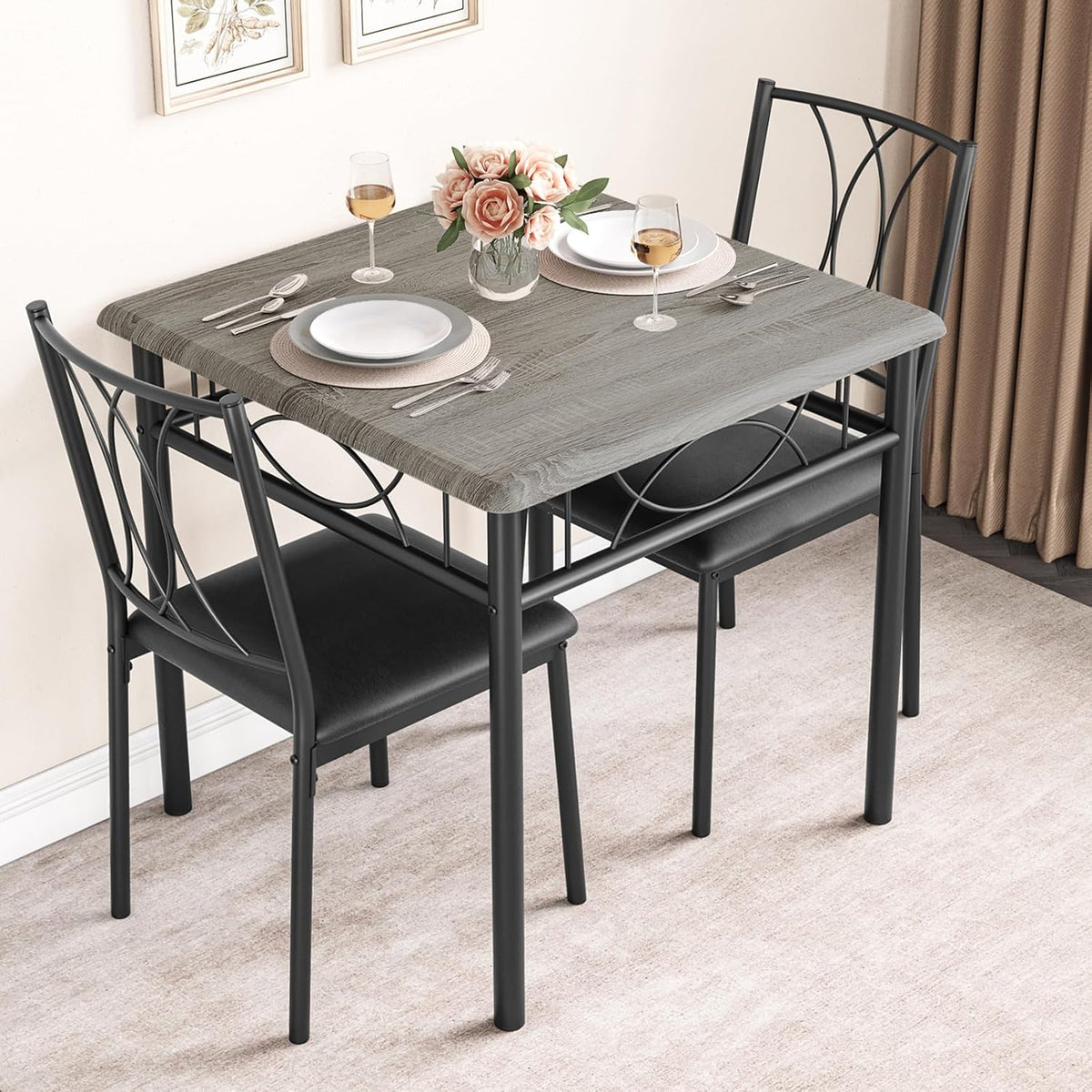 GarveeHome Small Dining Table Set for 2, Square Table and Chairs Set of 2, 3 Piece Kitchen Table Set of 2 with Upholstered Chairs, Dinner Table Set for 2 for Small Spaces, Apartment, Rustic Gray